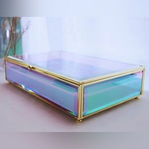 Iridescent aurora borealis Glass Jewelry Box with Gold Trim- price firm